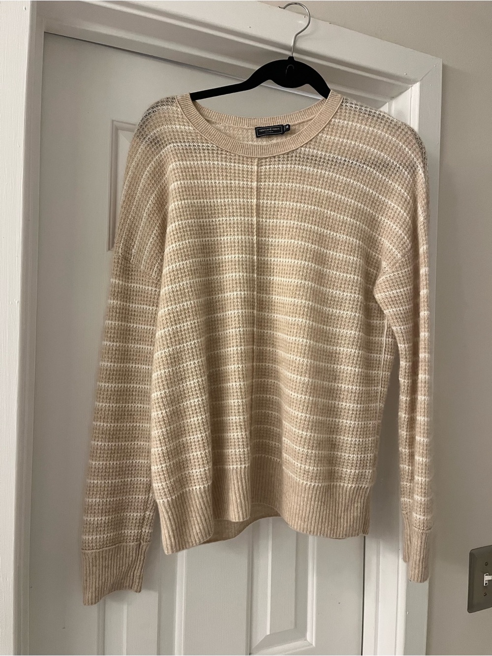Vineyard Vines Beige and Cream Striped Cashmere Crewneck Sweater